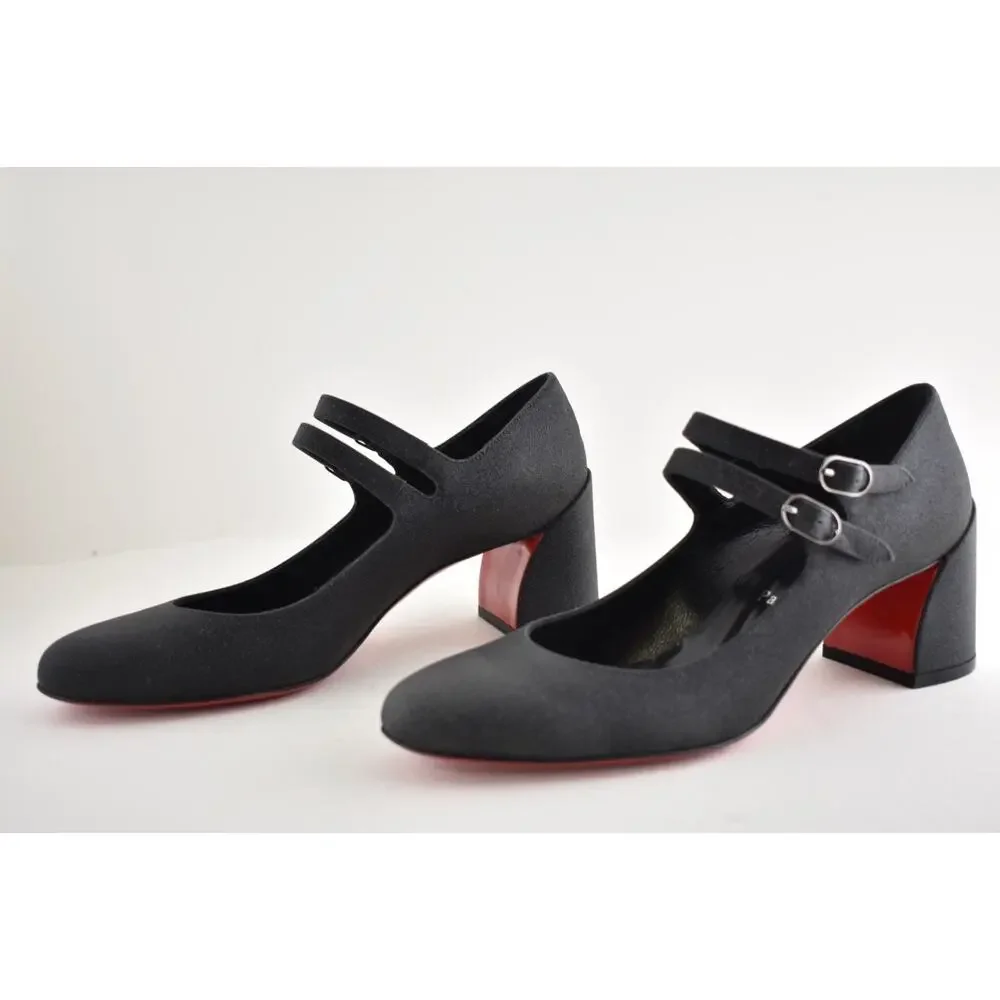 Christian Louboutin Miss Jane 55 Black Glitter Mary Jane Block Heel Pump 37.5